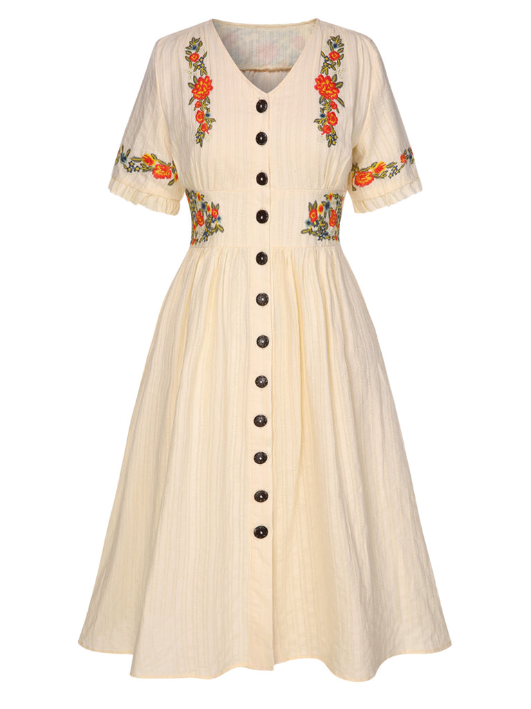 Pure Cotton Beige 1940s V-Neck Floral Dress: where 1940s romance meets her modern spirit