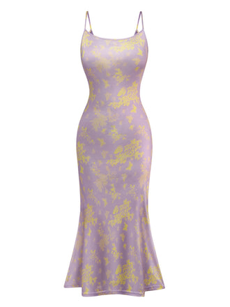 Purple 1930s Butterfly Floral Mermaid Slip Dress - vintage dress, retro fashion