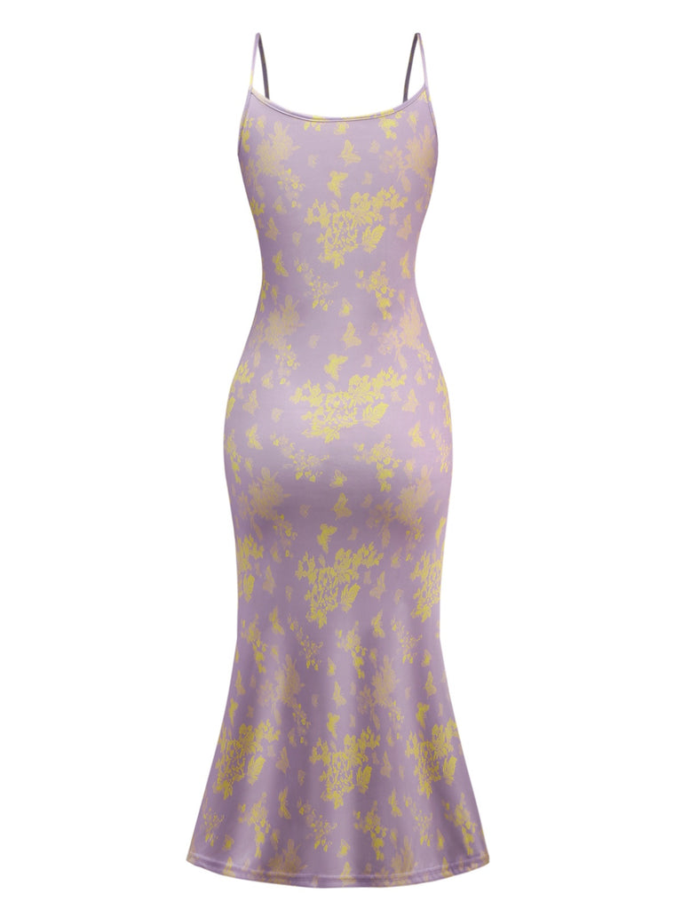 Purple 1930s Butterfly Floral Mermaid Slip Dress - vintage dress, retro fashion