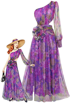Purple 1930s Mesh One-Shoulder 3D Floral Evening Dress, vintage dress, retro fashion, floral print - perfect for women who love vintage and retro fashion