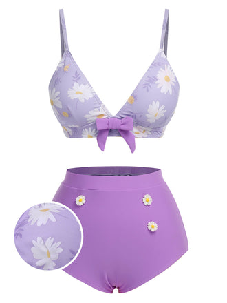 Purple 1950s Daisy Bow Strap Swimsuit, vintage swimsuit, pin-up swimwear - perfect for women who love vintage and retro fashion