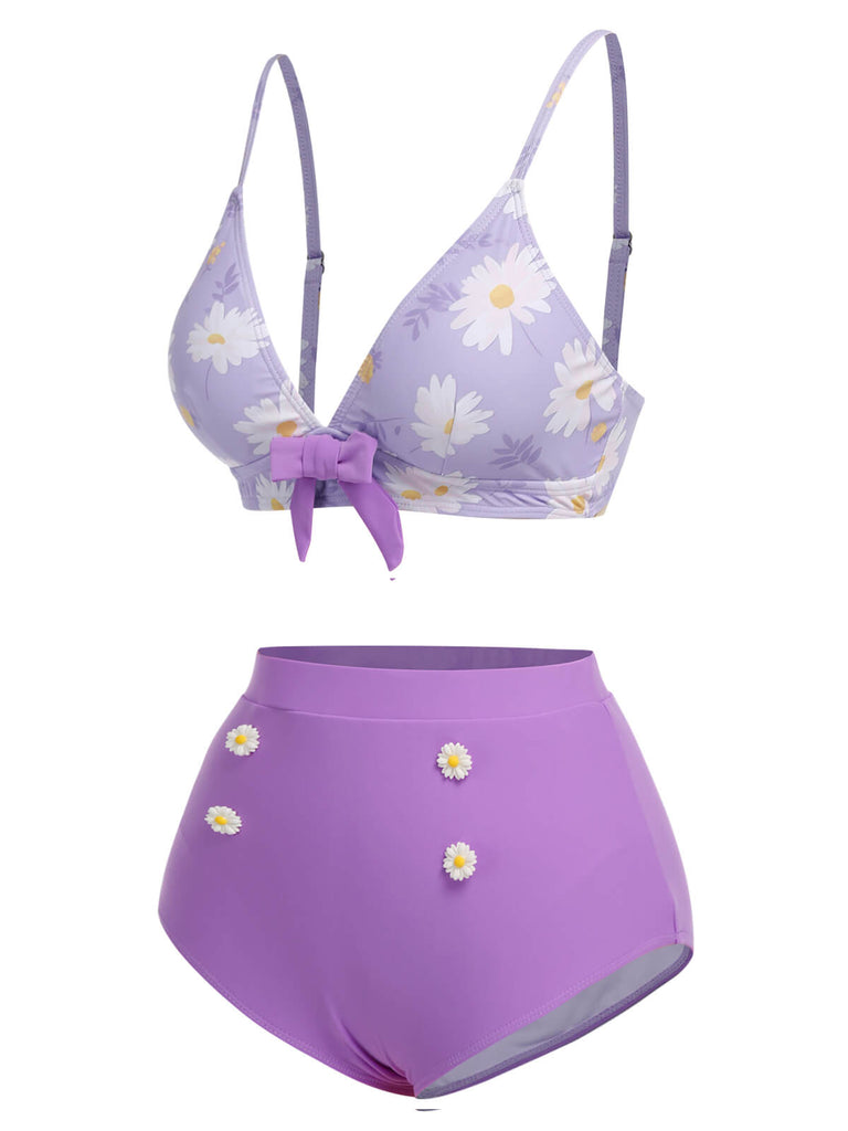 Purple 1950s Daisy Bow Strap Swimsuit, vintage swimsuit, pin-up swimwear - perfect for women who love vintage and retro fashion