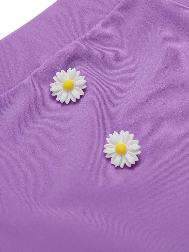Purple 1950s Daisy Bow Strap Swimsuit, vintage swimsuit, pin-up swimwear - perfect for women who love vintage and retro fashion