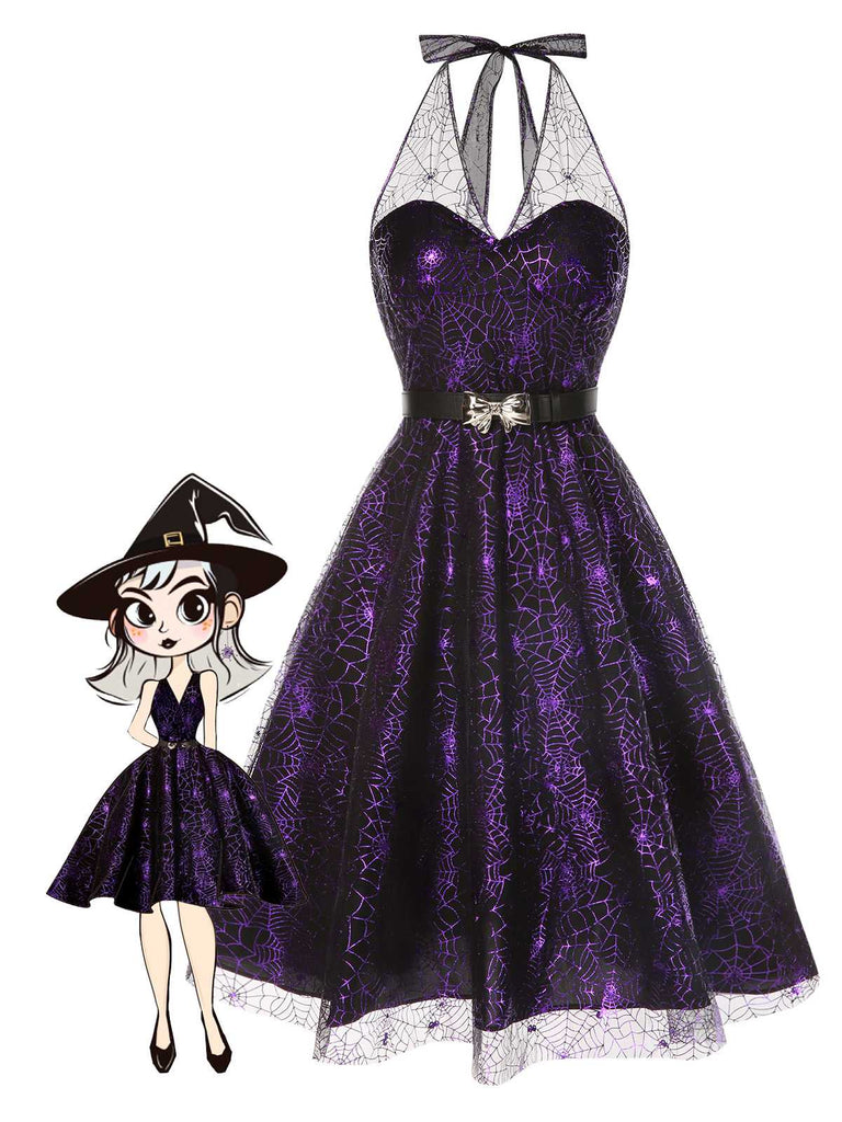 She slips into this Purple 1950s Laser Mesh Spiderweb Halter Dress and suddenly it's a 1950s daydream