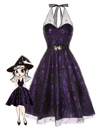 She slips into this Purple 1950s Laser Mesh Spiderweb Halter Dress and suddenly it's a 1950s daydream