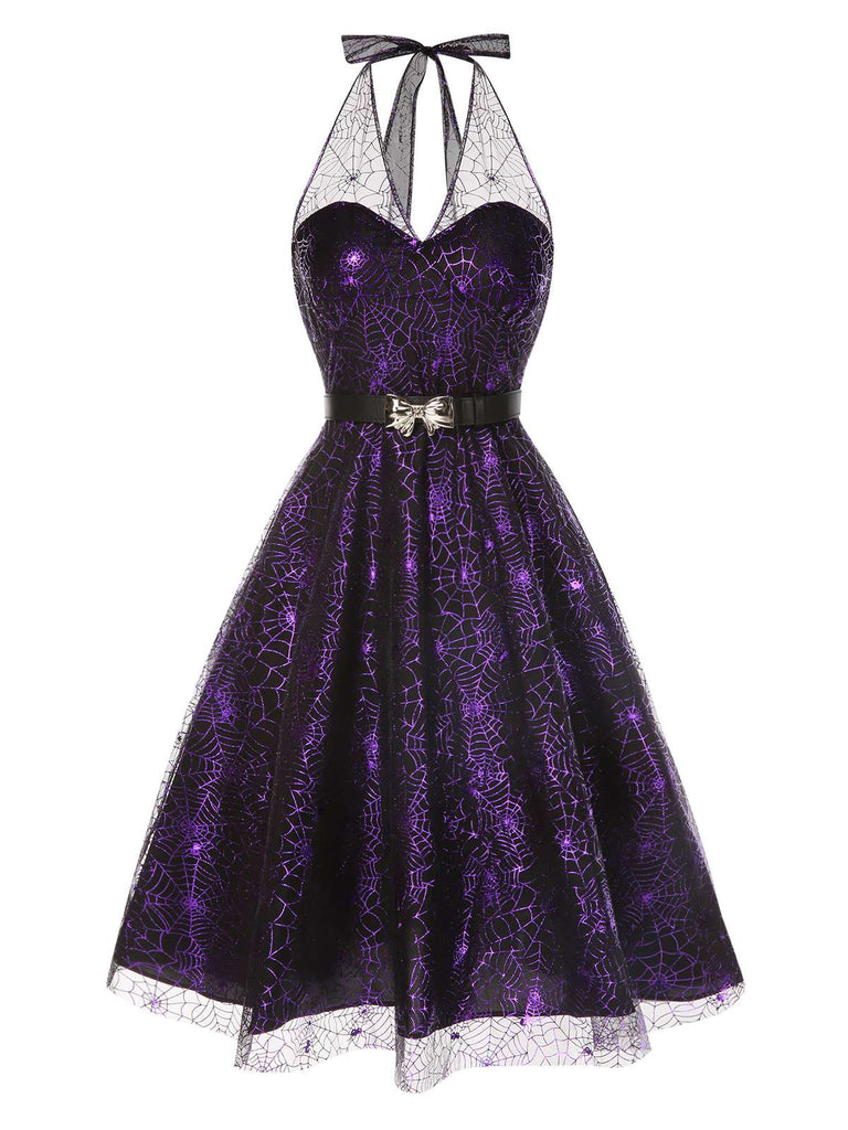 Purple 1950s Laser Mesh Spiderweb Halter Dress, vintage dress, retro fashion, rockabilly, pin-up fashion - perfect for women who love vintage and retro fashion