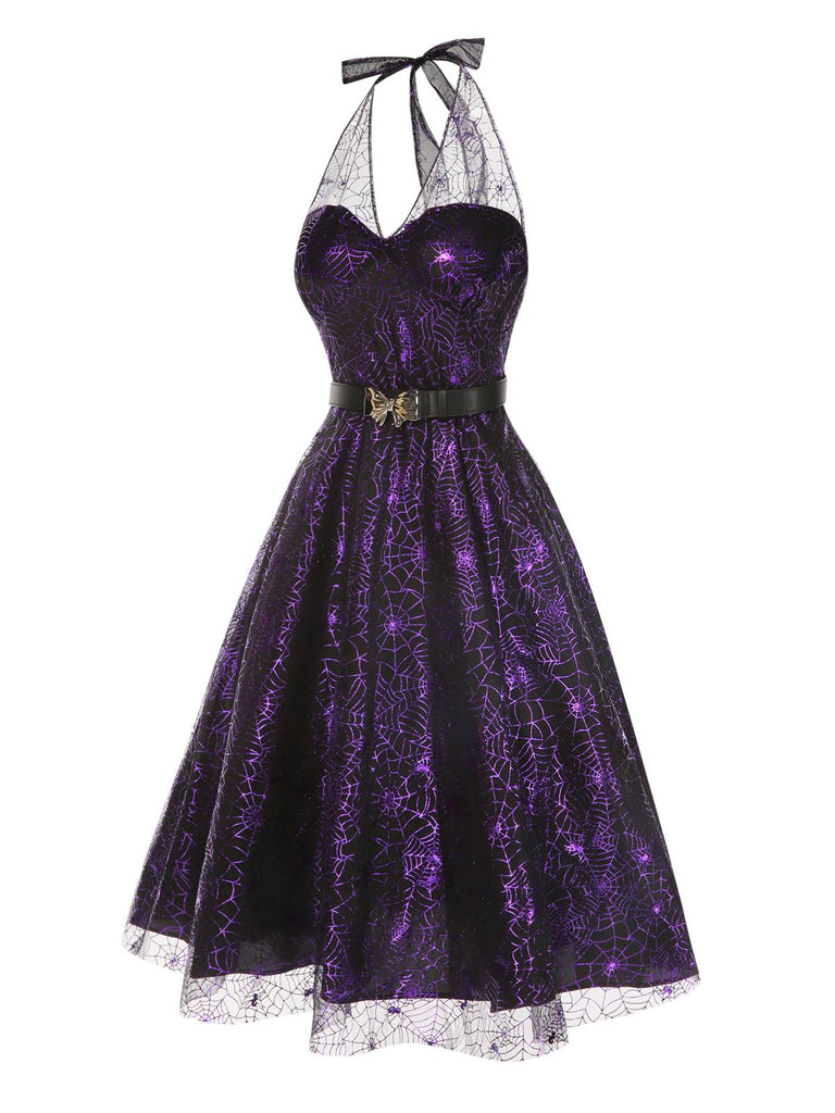 Purple 1950s Laser Mesh Spiderweb Halter Dress, vintage dress, retro fashion, rockabilly, pin-up fashion - perfect for women who love vintage and retro fashion