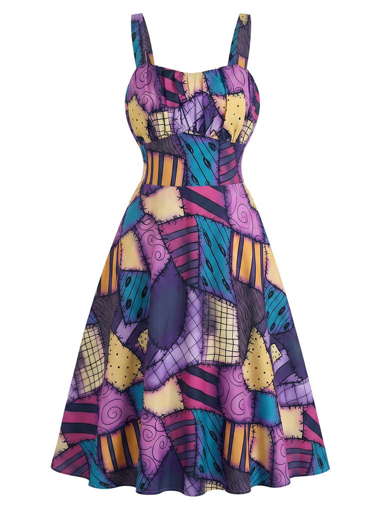 Black 1950s Halloween Skeleton Print A-Line Dress