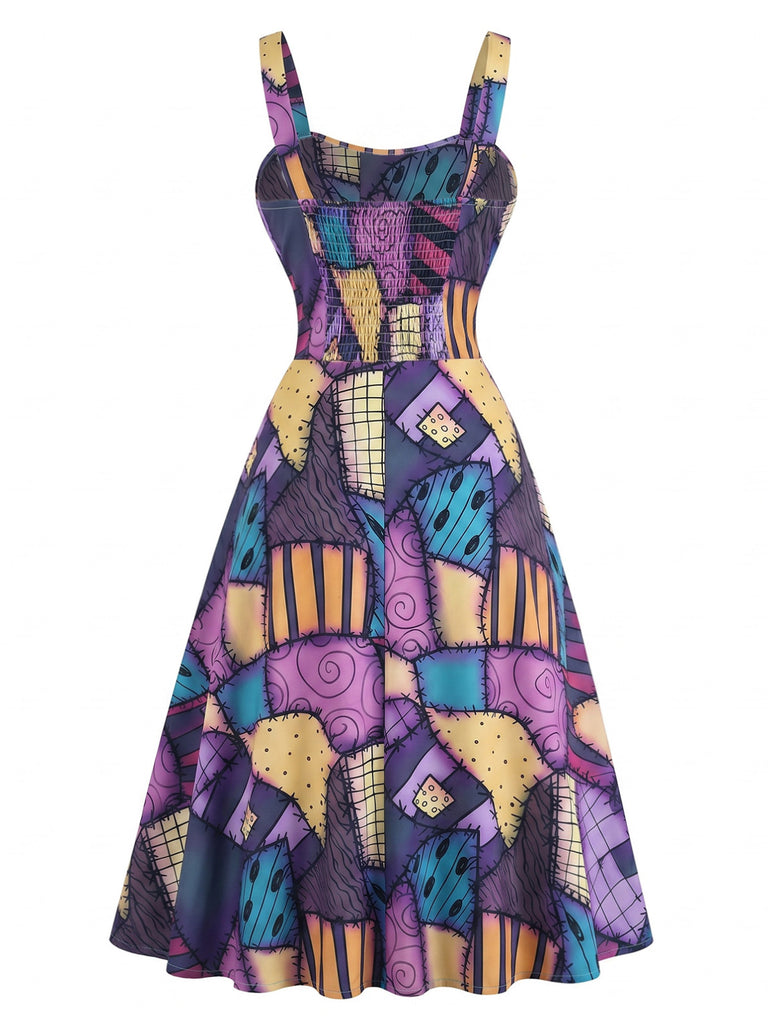 Black 1950s Halloween Skeleton Print A-Line Dress