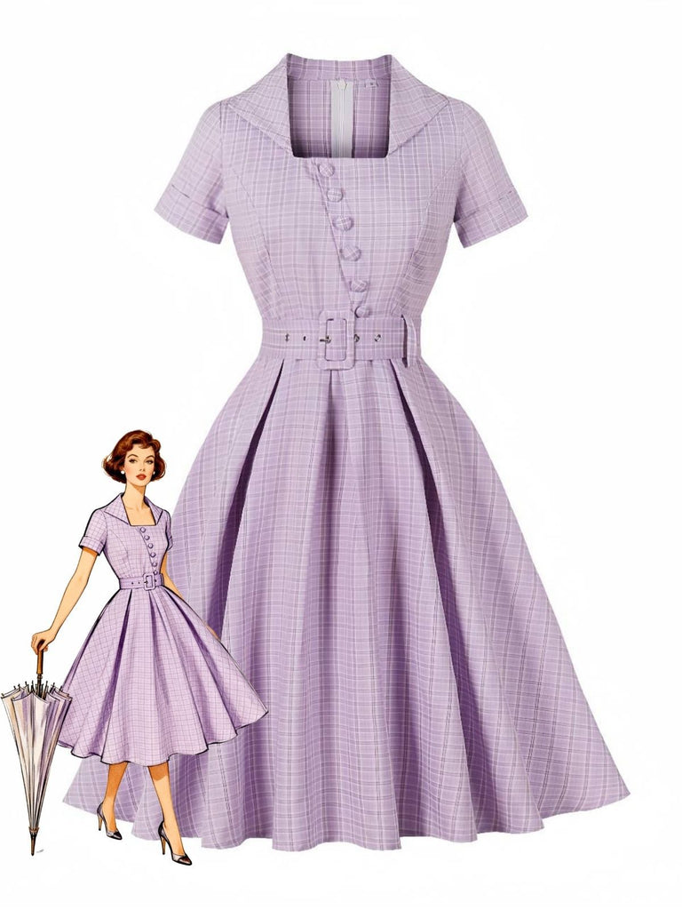 Purple 1950s Plaid Square Neck Button Swing Dress - vintage dress, retro fashion, rockabilly
