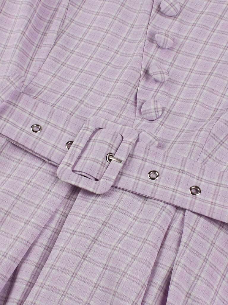 Purple 1950s Plaid Square Neck Button Swing Dress - vintage dress, retro fashion, rockabilly