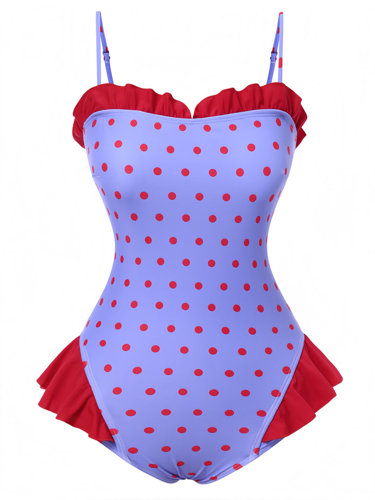 She's wearing Purple 1950s Polka Dots Ruffles One-Piece Swimsuit and the whole beach remembers the 1950s