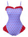 She's wearing Purple 1950s Polka Dots Ruffles One-Piece Swimsuit and the whole beach remembers the 1950s