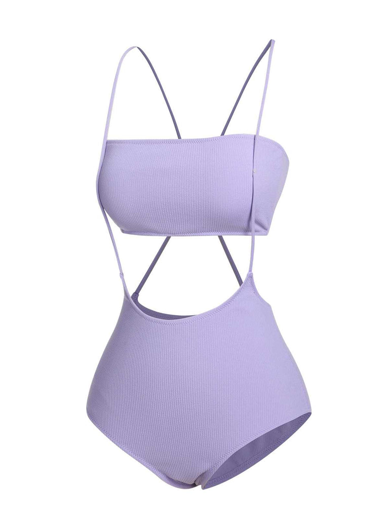 Purple 1950s Spaghetti Strap Bandeau Swimsuit: 1950s Riviera elegance, reimagined for her