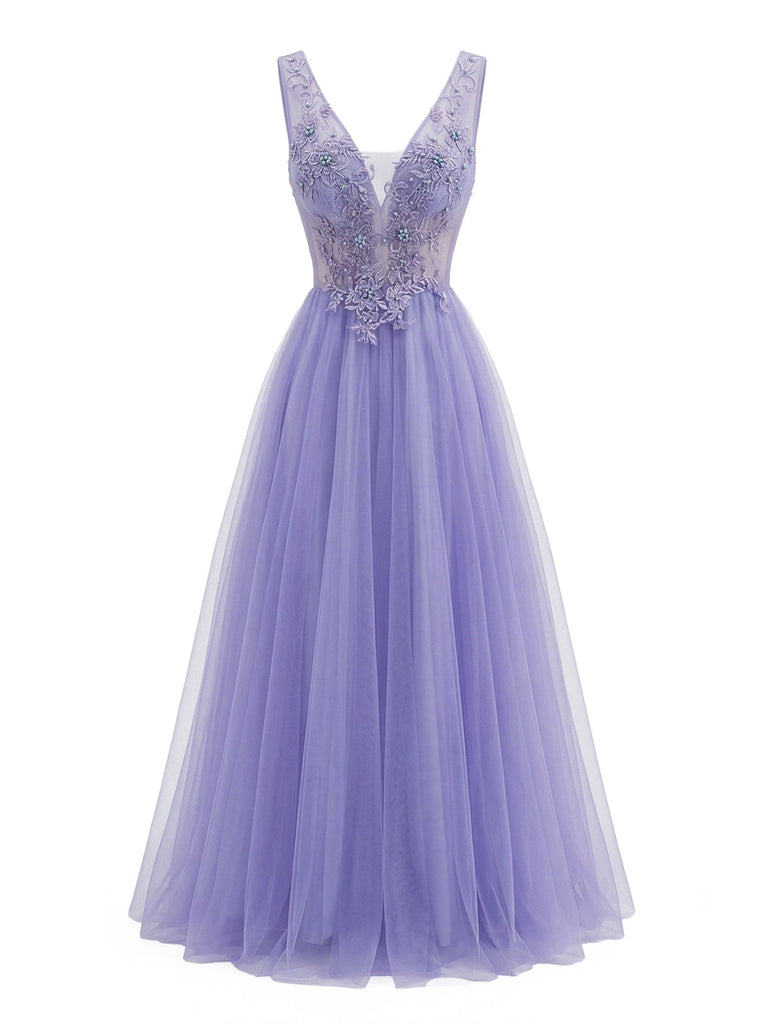 Purple 1950s Tulle V-Neck Embroidered Maxi Dress - vintage dress, retro fashion, rockabilly, pin-up fashion for vintage lovers