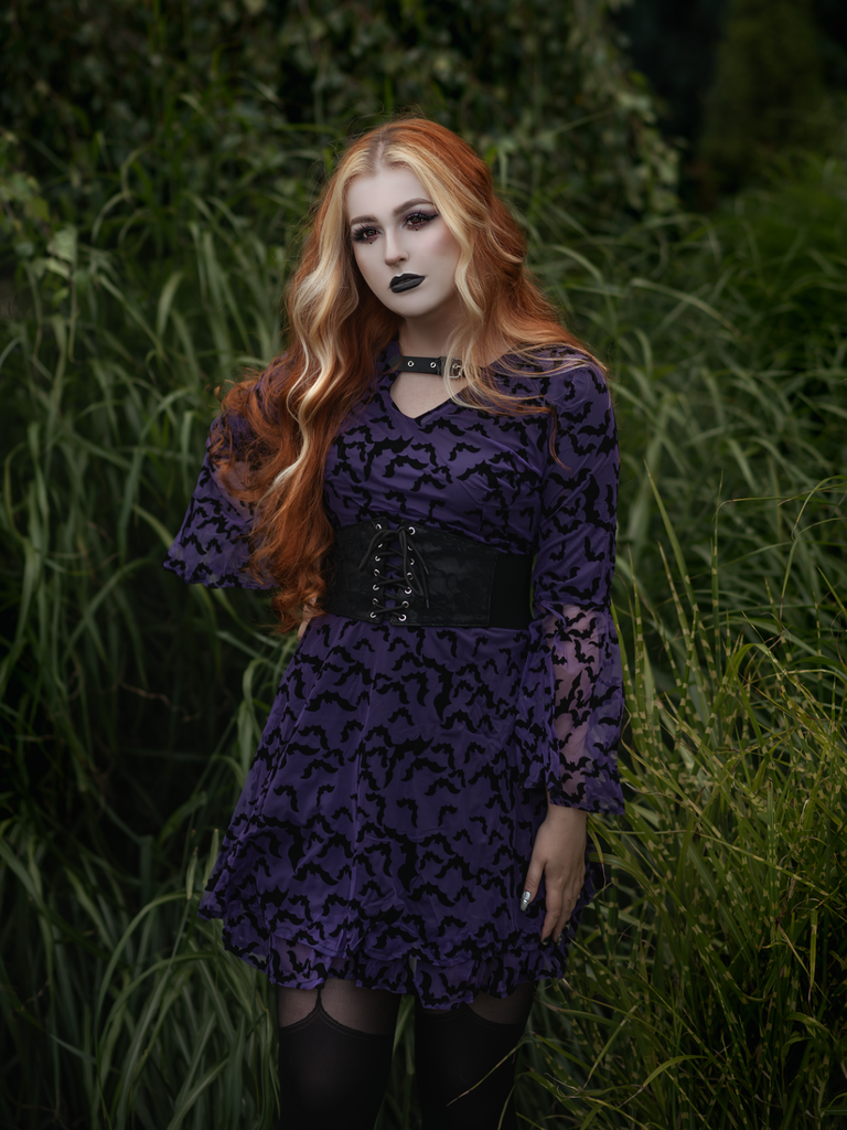 Purple 1960s Bats Mesh Bell Sleeves Dress - vintage dress, retro fashion