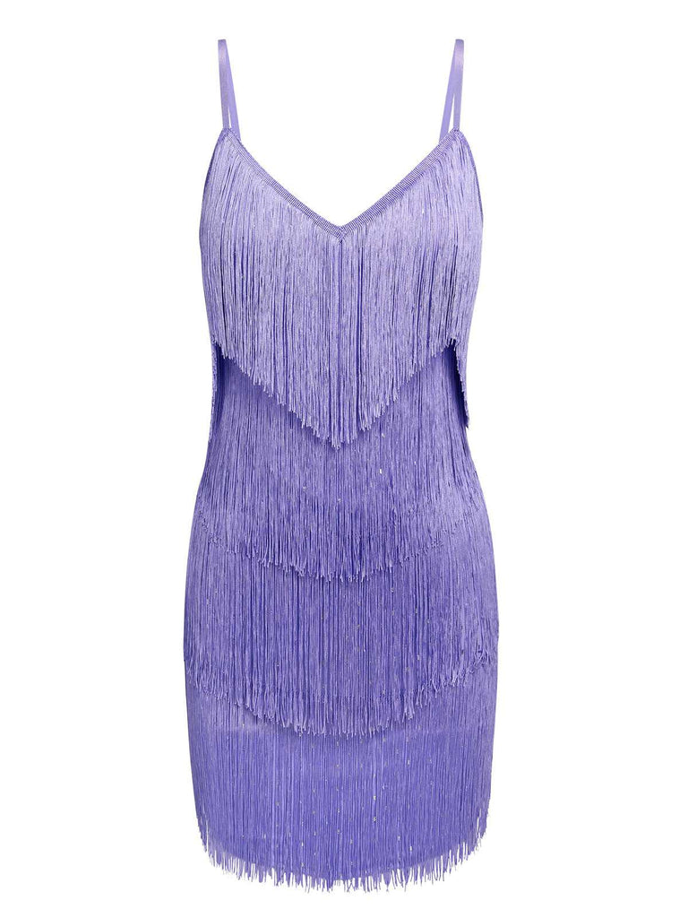 She slips into this Purple 1960s Spaghetti Strap Fringe Dress and suddenly it's a 1960s daydream