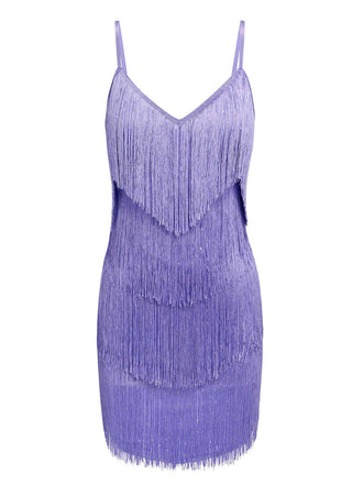 She slips into this Purple 1960s Spaghetti Strap Fringe Dress and suddenly it's a 1960s daydream