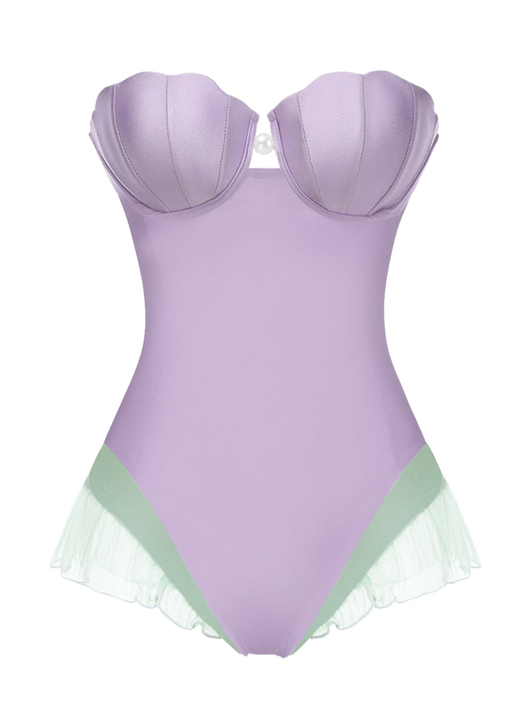 Purple 1970s Shell Mermaid Bandeau One-Piece Swimsuit: 1970s Riviera elegance, reimagined for her