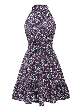 She slips into this Purple 1980s Ditsy Floral Sleeveless Dress and suddenly it's a 1980s daydream