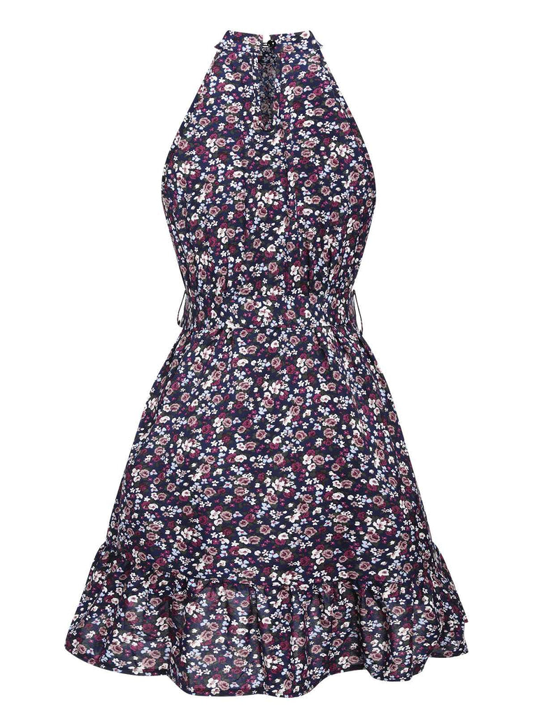 This Purple 1980s Ditsy Floral Sleeveless Dress wraps her in 1980s elegance, one twirl at a time