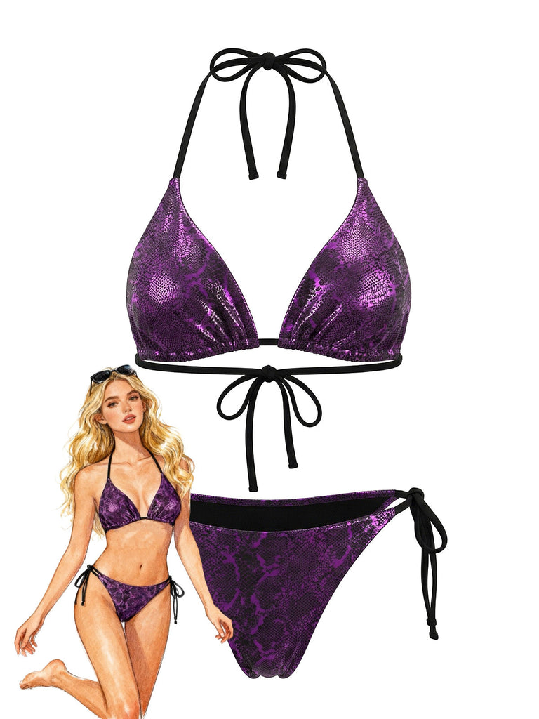 Purple 1980s Halter Metallic Snakeskin Print Bikini Set - vintage swimsuit, pin-up swimwear for vintage lovers