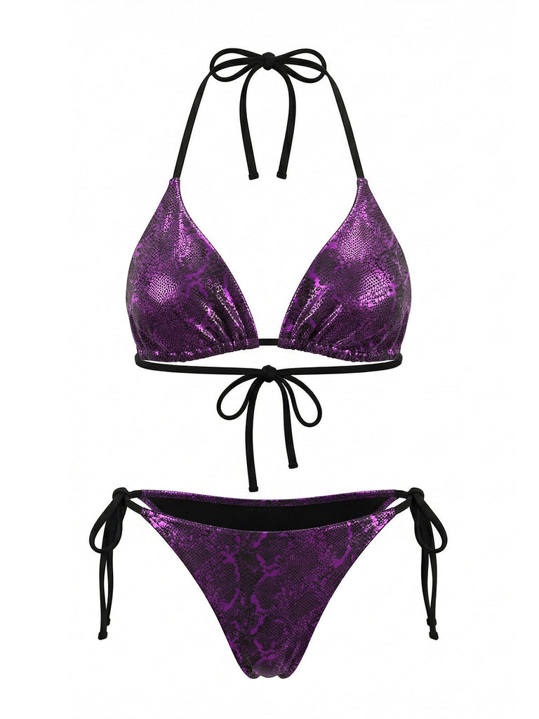 Purple 1980s Halter Metallic Snakeskin Print Bikini Set - vintage swimsuit, pin-up swimwear for vintage lovers