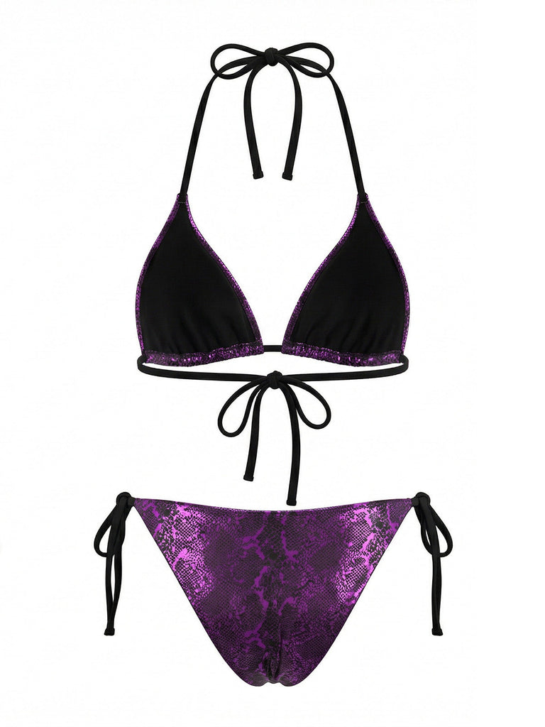 Purple 1980s Halter Metallic Snakeskin Print Bikini Set - vintage swimsuit, pin-up swimwear for vintage lovers