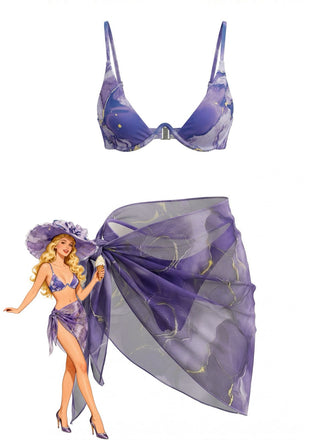 Purple 1980s Marble Triangle Bikini Set & Cover-Up - vintage swimwear, retro beach style for women