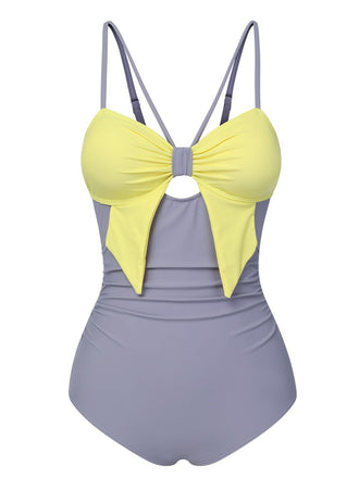 Purple & Yellow 1950s Cut Out Contrast Bow Swimsuit, vintage swimsuit, pin-up swimwear - perfect for women who love vintage and retro fashion