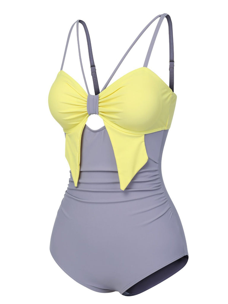 Purple & Yellow 1950s Cut Out Contrast Bow Swimsuit, vintage swimsuit, pin-up swimwear - perfect for women who love vintage and retro fashion