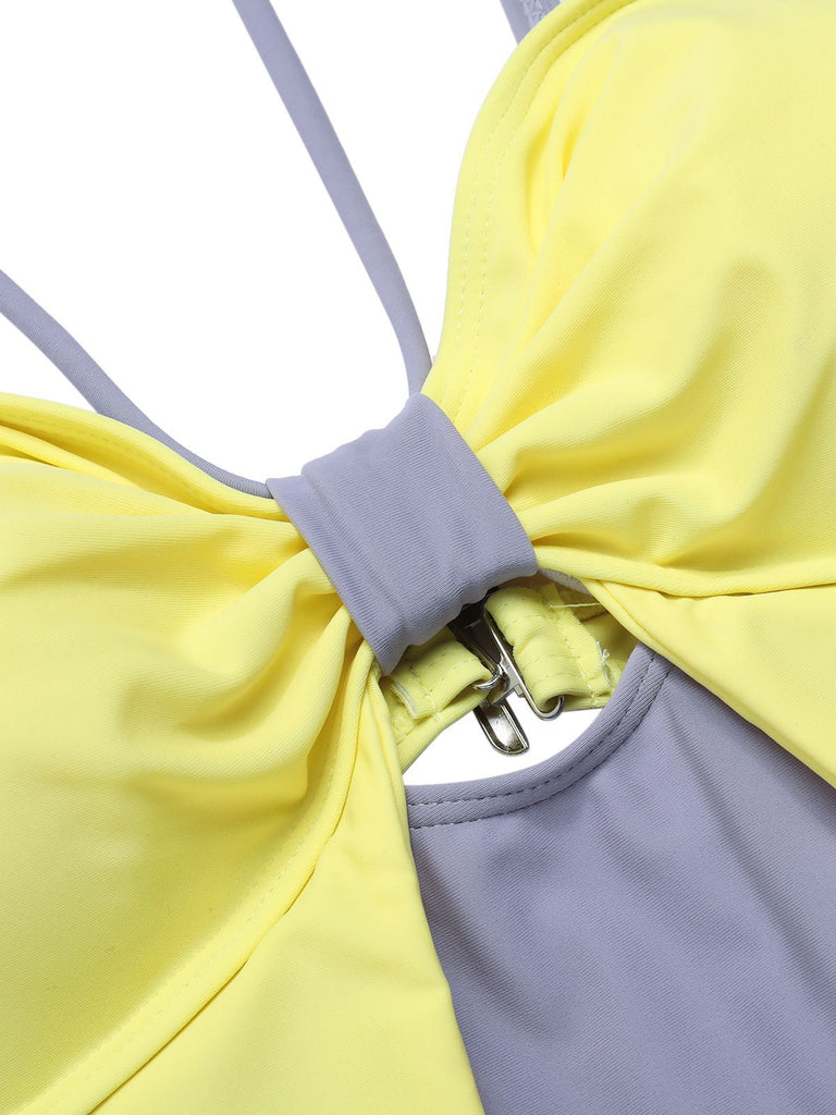 Purple & Yellow 1950s Cut Out Contrast Bow Swimsuit, vintage swimsuit, pin-up swimwear - perfect for women who love vintage and retro fashion
