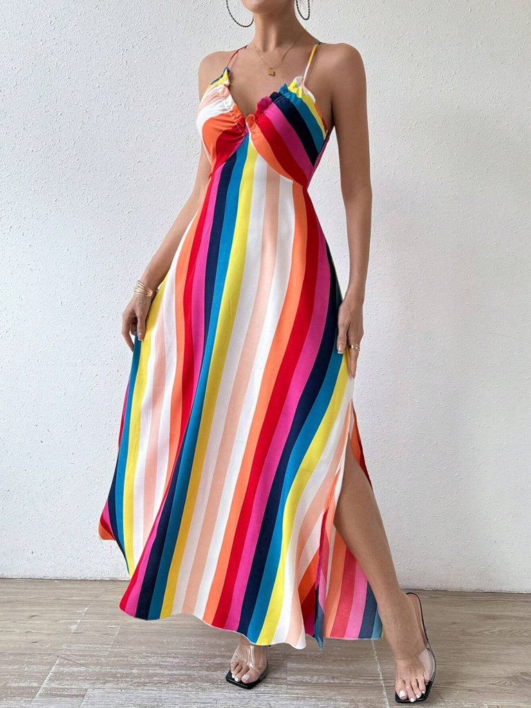 Rainbow 1930s Striped Spaghetti Strap A-Line Dress, vintage dress, retro fashion - perfect for women who love vintage and retro fashion