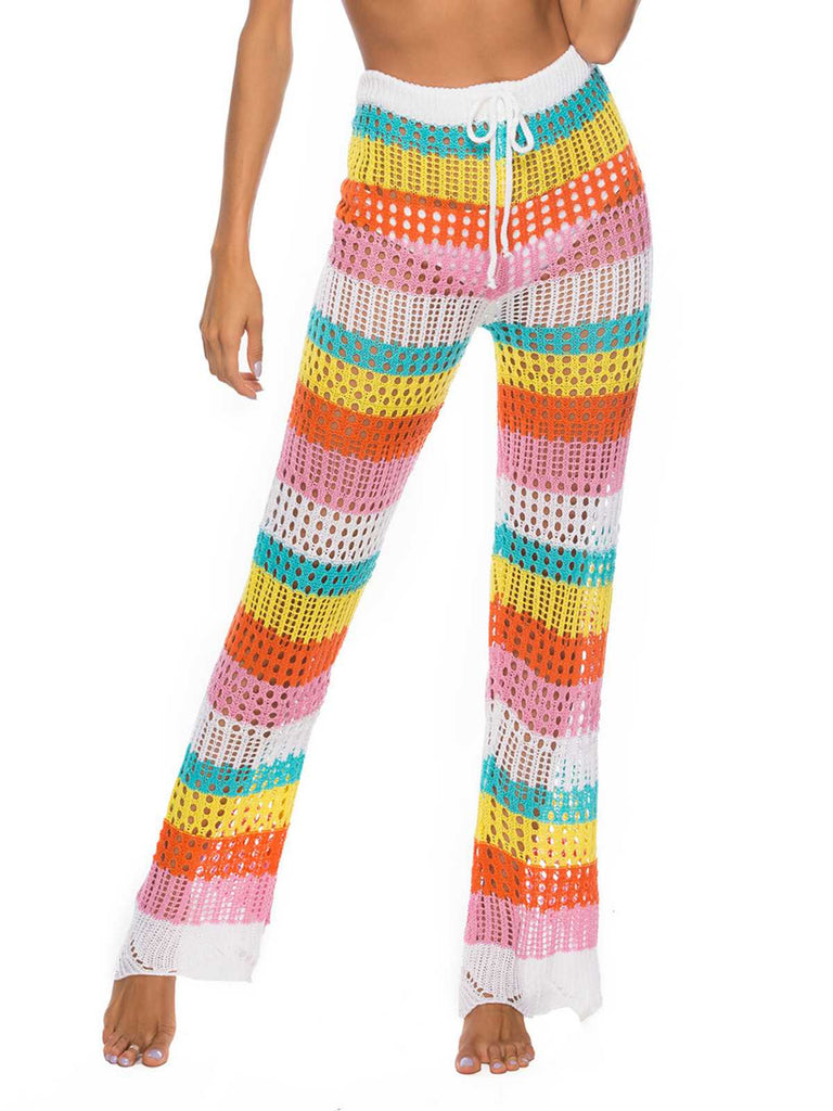 Rainbow 1970s Hollow Knitted Beach Pants — 1970s poolside glamour meets sun-drenched confidence