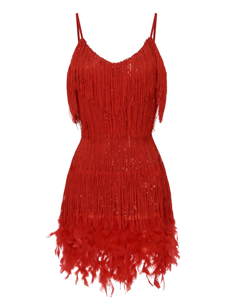 Red 1920s Spaghetti Strap Feather Fringe Dress, vintage dress, retro fashion, Gatsby party, flapper style - perfect for women who love vintage and retro fashion