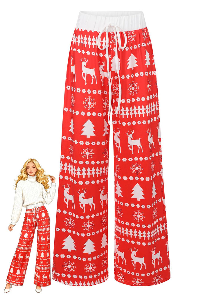 Red 1930s Christmas Tree Reindeer Pants - vintage fashion, retro style, elegant red