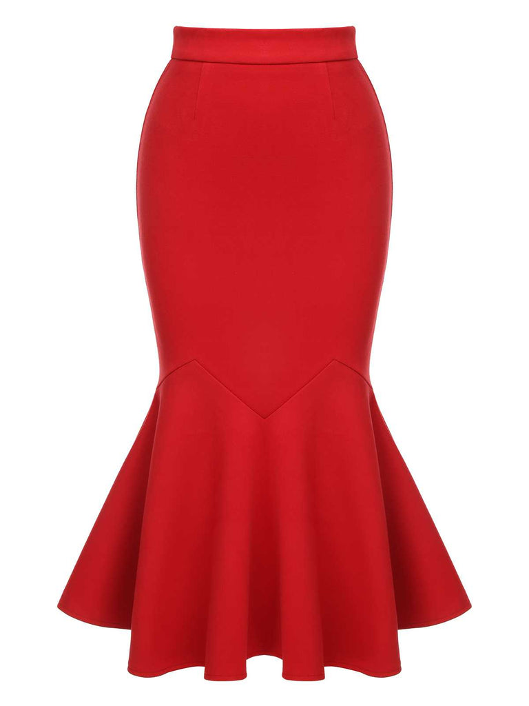 Red 1930s Elastic Solid Mermaid Skirt — vintage elegance for the modern woman