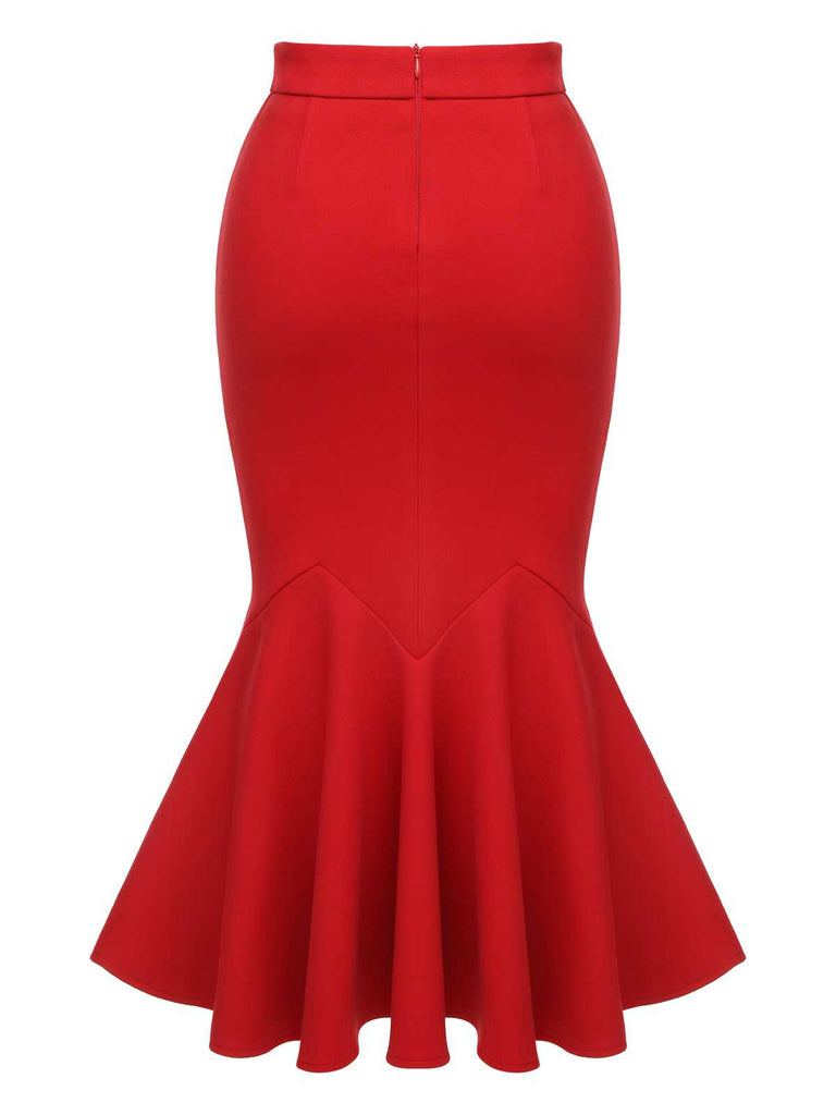 Red 1930s Elastic Solid Mermaid Skirt: timeless style reimagined