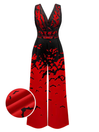 Red 1930s Halloween V-Neck Bat Jumpsuit: timeless style reimagined