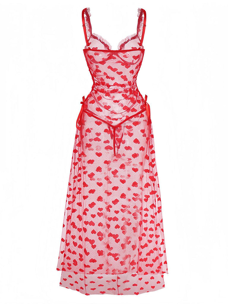 Red 1930s Heart Mesh Strap Nightdress - vintage dress, retro fashion, elegant red