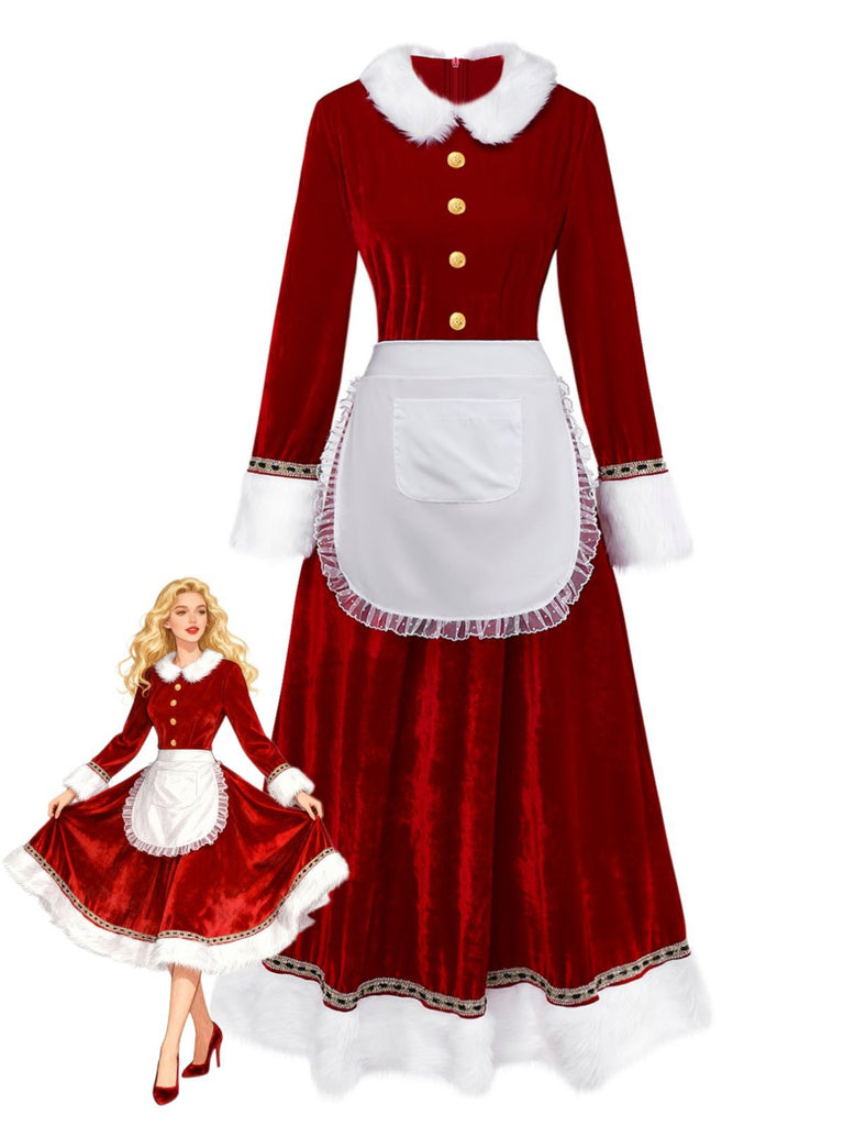 Red 1930s Mrs. Claus Costume Velvet Dress Set - vintage dress, retro fashion, elegant red