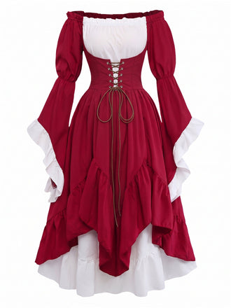 Red 1930s Off Shoulder Bell Sleeve Renaissance Dress, vintage dress, retro fashion - perfect for women who love vintage and retro fashion