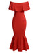 She slips into this Red 1930s Off-Shoulder Ruffles Mermaid Dress and suddenly it's a 1930s daydream