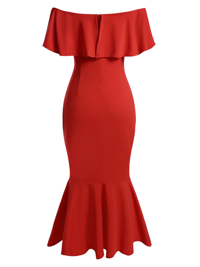 Red 1930s Off-Shoulder Ruffles Mermaid Dress: where 1930s romance meets her modern spirit