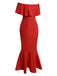 This Red 1930s Off-Shoulder Ruffles Mermaid Dress wraps her in 1930s elegance, one twirl at a time