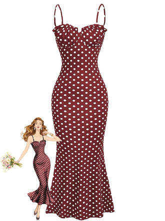 Red 1930s Polka Dot Spaghetti Strap Fishtail Dress, vintage dress, retro fashion - perfect for women who love vintage and retro fashion
