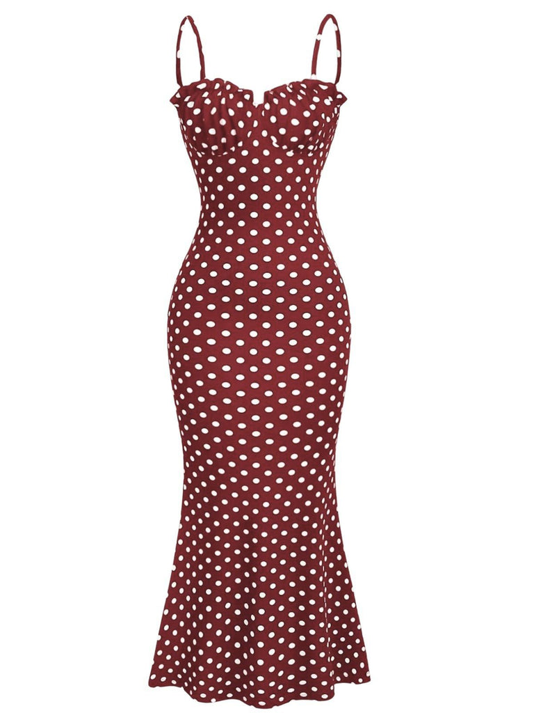 Red 1930s Polka Dot Spaghetti Strap Fishtail Dress, vintage dress, retro fashion - perfect for women who love vintage and retro fashion