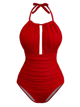 She's wearing Red 1930s Ruched Halter Hollow One-Piece Swimsuit and the whole beach remembers the 1930s
