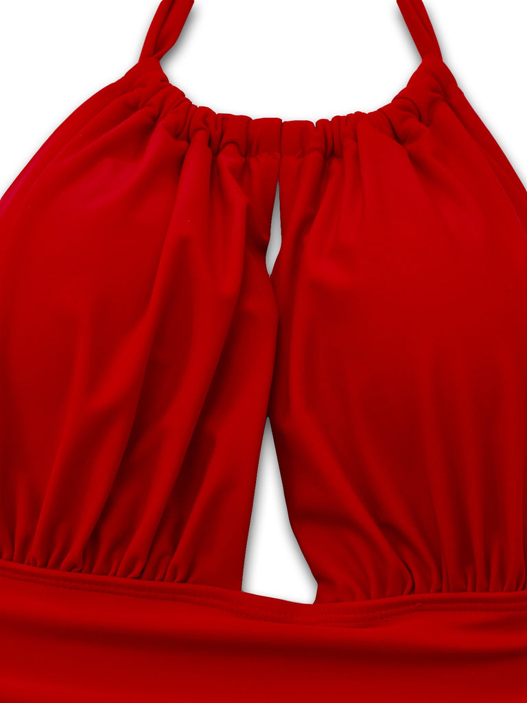 Red 1930s Ruched Halter Hollow One-Piece Swimsuit — 1930s poolside glamour meets sun-drenched confidence