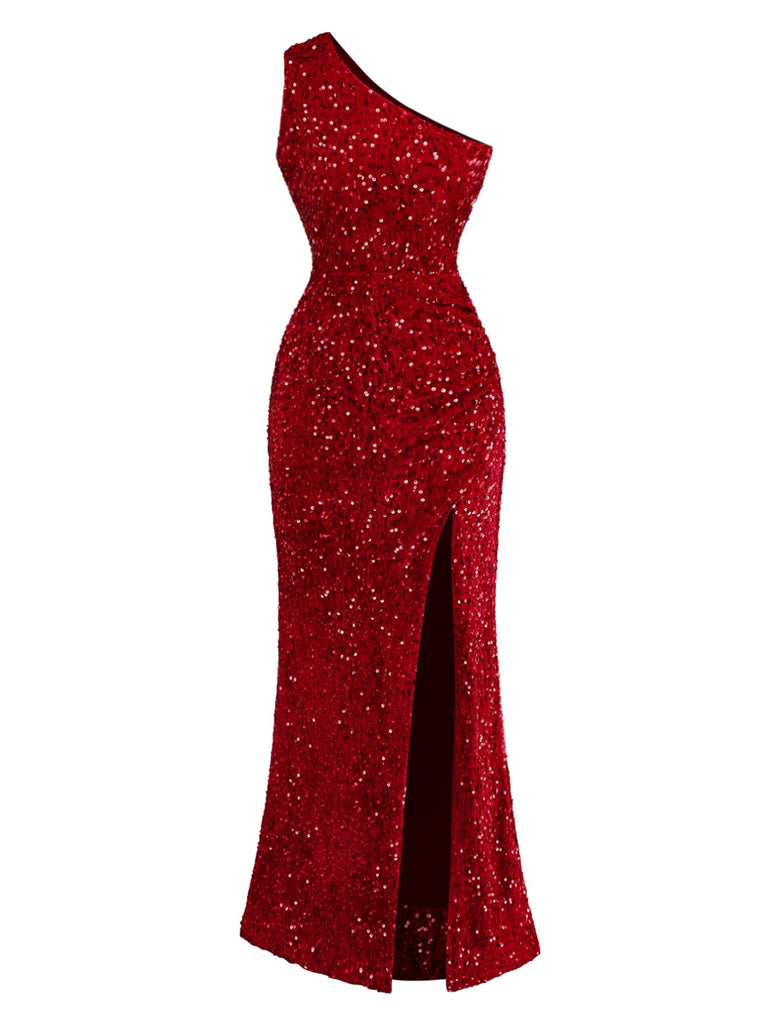 Red 1930s Sequined One-Shoulder Slit Bodycon Dress - vintage dress, retro fashion, elegant red